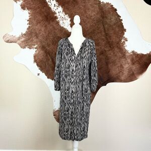 Tucker Women Black-Beige 100% Silk V-Neck Long Sleeve Tie Waist Dress Size M